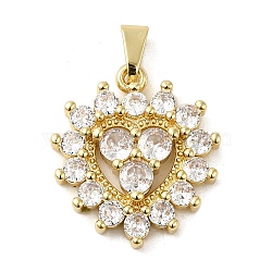Rack Plating Brass Micro Pave Cubic Zirconia Pendants, Cadmium Free & Lead Free, Real 18K Gold Plated, Long-Lasting Plated, Heart, Clear, 23x20x3.5mm, Hole: 3.5x5mm(KK-P241-36G)