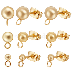 Beebeecraft 60Pcs 3 Size 202 Stainless Steel Stud Earring Findings, Ball Stud Earring Post with 304 Stainless Steel Pins and Horizontal Loops & 60Pcs Brass Friction Ear Nuts, Real 18K Gold Plated, 14~17x6~9mm, Hole: 1.2~2mm, Pin: 0.8mm, 20Pcs/size(STAS-BBC0002-16)