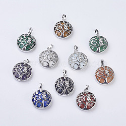Natural & Synthetic Mixed Stone Pendants, with Brass Findings, Flat Round with Tree of Life, Platinum, 31~32x27x8~9mm, Hole: 5x7mm(G-K234-E)