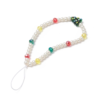 Christmas Glass Pearl Beaded Mobile Straps, with Glass Beads, Nylon Thread Mobile Accessories Decoration, Christmas Tree, White, 18.7cm