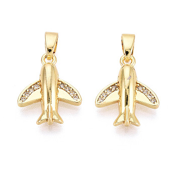 Brass Micro Pave Cubic Zirconia Pendants, Airplane Charms, Real 18K Gold Plated, 15x12x3.5mm, Hole: 4.5x2.5mm