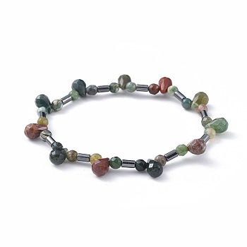 Non-magnetic Synthetic Hematite Beads Stretch Bracelets, with Natural Indian Agate Beads, 2-1/4 inch(5.8cm)