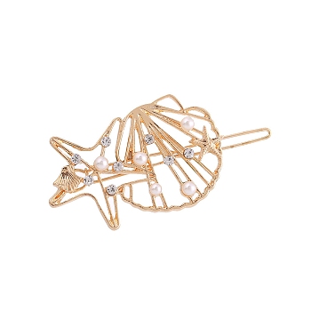 Shell Shape Alloy Hair Bobby Pins, with Rhinestone & Imitation Pearl, Golden, 32x52mm