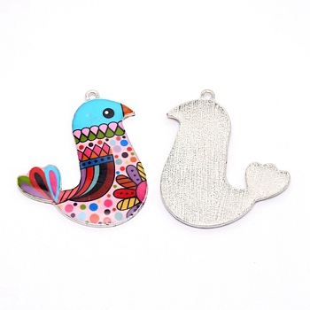 Alloy Enamel Pendants, Bird, Cadmium Free & Lead Free, Platinum, Colorful, 38x34x2.5mm, Hole: 1.6mm, 5pcs/bag
