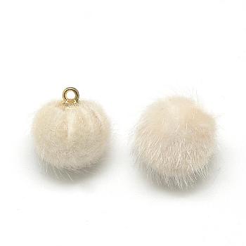 Faux Mink Fur Covered Charms, with Golden Tone Brass Findings, Round, Floral White, 17x14~15mm, Hole: 2mm