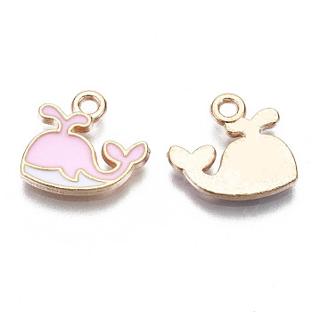 Alloy Enamel Charms, Cadmium Free & Lead Free, Whale Shaped, Light Gold, Pink, 12.5x13x1.5mm, Hole: 1mm