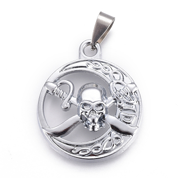 Tibetan Style Alloy Pendants, with Stainless Steel Findings, Flat Round with Skull, Platinum, 35x29x9mm, Hole: 4x9mm