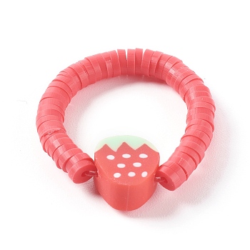 Handmade Polymer Clay Heishi Beaded Stretch Rings, Strawberry, Red, US Size 8, Inner Diameter: 18mm