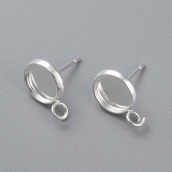 304 Stainless Steel Stud Earring Settings, with Loop, Flat Round, Silver, Tray: 8mm, 13x10x1.5mm, Hole: 2mm, Pin: 0.8mm