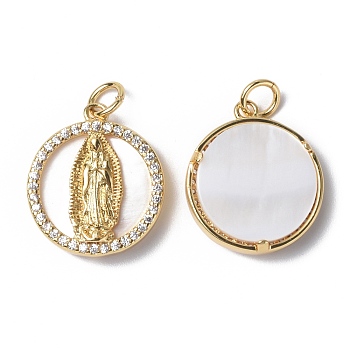 Brass Micro Pave Cubic Zirconia Pendants, with Shell and Jump Rings, Real 18K Gold Plated, Human, 18x15.5x3mm, Hole: 3mm