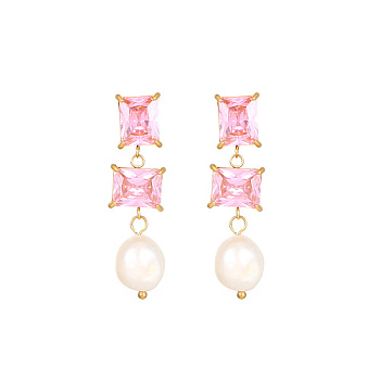 Glass Square Stud Earrings, Natural Pearl Drop Earrings with 304 Stainless Steel Pins, Pink, 40mm