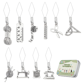 20Pcs 10 Style 304 Stainless Steel Threaders, with Alloy Pendant, Ruler & Tape Measure & Scissor, Antique Silver, 47~63mm, 2pcs/style