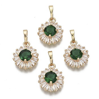 Brass Micro Cubic Zirconia Charms, with Snap on Bails, Flat Round, Light Gold, Green, 15x12x5mm, Hole: 6x4mm