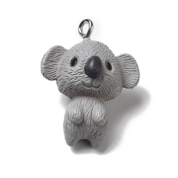 Opaque Resin Animal Pendants, Koala Charms with Platinum Plated Iron Loops, Gray, 25.5x20x14mm, Hole: 2mm