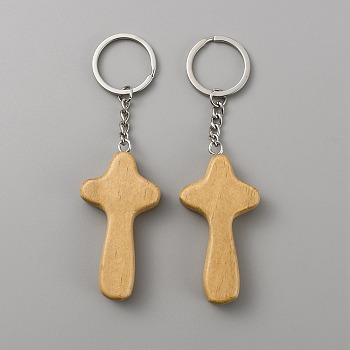 Natural Wood Pendant Keychain, with Iron Key Ring, for Handbag Backpack Car Key Decoration, Religion, BurlyWood, 11.9cm