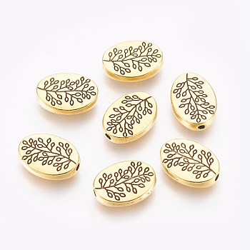Tibetan Style Alloy Beads, Oval with Leaf, Antique Golden, Lead Free and Cadmium Free and Nickel Free, 14x10x3mm, Hole: 1.5mm