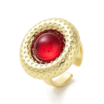 Resin Flat Round Open Cuff Ring, Real 18K Gold Plated Brass Jewelry for Women, Red, 25x24mm, Adjustable
