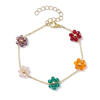 Electroplated Glass Flower Links Bracelets, Brass Cable Chain Bracelets for Women, Golden, Colorful, 7-1/2 inch(19.2cm)