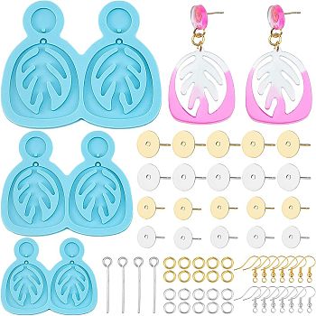 Olycraft DIY Leaf Dangle Stud Earrings Silicone Molds, Resin Casting Molds, For UV Resin, Epoxy Resin Jewelry Making, with Brass Earring Hooks and Jump Rings, Deep Sky Blue, Molds: 6pcs/set, Earring Hooks: 40pcs/set