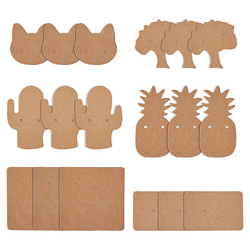 Cactus & Cat & Pineapple & Tree & Square & Rectangle Shape Earring Display Cards, Blank Kraft Paper Tags for Ear Studs, Earrings and Jewelry Display, BurlyWood, 35~60x32~64x0.3~0.5mm, Hole: 1~1.5mm, 300pcs/set