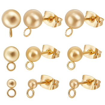 60Pcs 3 Size 202 Stainless Steel Stud Earring Findings, Ball Stud Earring Post with 304 Stainless Steel Pins and Horizontal Loops & 60Pcs Brass Friction Ear Nuts, Real 18K Gold Plated, 14~17x6~9mm, Hole: 1.2~2mm, Pin: 0.8mm, 20Pcs/size