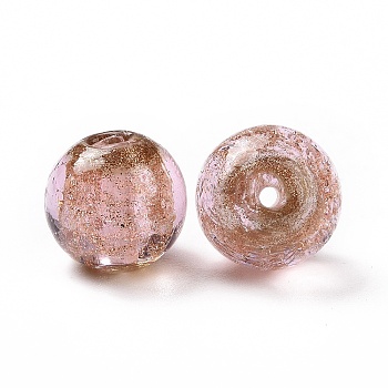 Handmade Gold Sand Lampwork Beads, Round, Pink, 14.5x13.5~14mm, Hole: 1.6~2mm