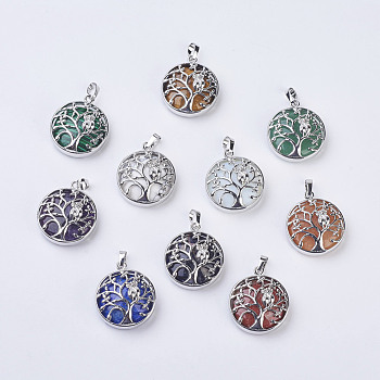 Natural & Synthetic Mixed Stone Pendants, with Brass Findings, Flat Round with Tree of Life, Platinum, 31~32x27x8~9mm, Hole: 5x7mm