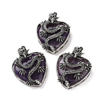 Natural Amethyst Pendants, Heart Charms, with Rack Plating Antique Silver Tone Alloy Dragon Findings, 41~41.5x31.5~32x11.5mm, Hole: 6.5x8.5mm