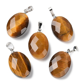 Natural Tiger Eye Pendants, Faceted Oval Charms with Platinum Plated Brass Snap on Bails, 21.8x13.4~13.5x6.2mm, Hole: 5.3x3.7mm