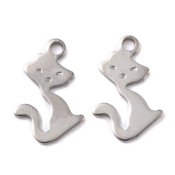 201 Stainless Steel Charms, Cat, Stainless Steel Color, 13.5x8.5x0.8mm, Hole: 1.2mm