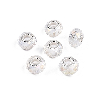 Transparent Glass European Beads, Large Hole Beads, with Brass Cores, AB Color Plated, Faceted, Rondelle, Clear, 13.5~14x9~9.5mm, Hole: 5mm