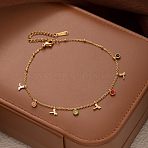304 Stainless Steel Pave Colorful Cubic Zirconia Charm Anklets for Women, Golden, Dragonfly, 8-1/4 inch(210mm)(FS-WG43DDA-05)