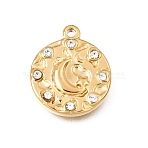 304 Stainless Steel Rhinestone Pendants, Round with Moon Charms, Ion Plating(IP), Real 18K Gold Plated, 16.5x14x3mm, Hole: 1.2mm(STAS-E531-13G-A)