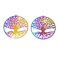 Ion Plating(IP) 201 Stainless Steel Filigree Pendants, Etched Metal Embellishments, Tree of Life, Rainbow Color, 44x42x0.2mm, Hole: 1.4mm(STAS-S118-073)