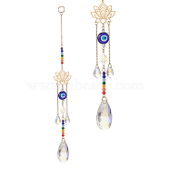 Glass Teardrop Window Hanging Suncatchers, with Evil Eye Lampwork and 7 Chakra Glass, 201 Stainless Steel Lotus Pendants Decorations Ornaments, Colorful, 271x33mm(HJEW-JM00937)