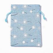 Burlap Packing Pouches Drawstring Bags, Rectangle, Sky Blue, Flower, 13.5~14x10x0.35cm(ABAG-L016-A03)