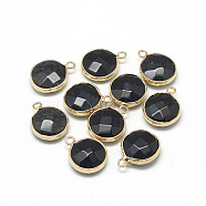 Natural White Jade Pendants, with Brass Findings, Faceted, Dyed, Flat Round, Golden, Black, 19~21x15~16x6~7mm, Hole: 2mm(G-Q964-14G)