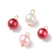 Glass Pearl Pendants, with Golden Plated Brass Findings, Round, Red, 11x8.5mm, Hole: 2mm(PALLOY-JF01880-05)