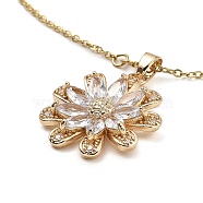 Flower Brass Micro Pave Cubic Zirconia Pendant Necklaces, with Glass, Light Gold, 16.42 inch(41.7cm)(NJEW-E105-15KCG)