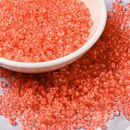 12/0 Transparent Glass Seed Beads, Inside Colours, Round Hole, Round, Orange Red, 1.5~2mm, Hole: 1mm, about 450g/bag(SEED-F003-03C-11)