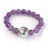Natural Amethyst Stretch Rings, with Alloy Buddha Beads, Faceted, Round, Antique Silver, Size 8, 18mm(RJEW-JR00223-12)