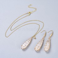 Natural Quartz Crystal Pendants Necklaces and Dangle Earrings Jewelry Sets, with 316 Surgical Stainless Steel Findings and Brass Chains, teardrop, Golden, 18.5 inch(47cm), 1mm, 62~63mm, Pin: 0.7mm(SJEW-JS01026)