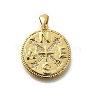 Brass Micro Pave Cubic Zirconia Pendants, Compass Charms, Lead Free & Cadmium Free, Long-Lasting Plated, Rack Plating, Real 18K Gold Plated, 22x20x2mm, Hole: 5x3mm(KK-P295-10G)