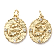Brass Micro Pave Clear Cubic Zirconia Pendants, with Jump Rings, Oval with Snake, Golden, 17x13x2mm, Hole: 3mm(KK-I658-13G)