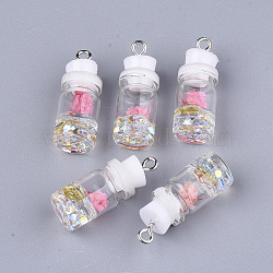 Glass Bottle Pendant Decorations, with Resin Rhinestone & Stopper, Dried Flower and Iron Findings, Platinum, White, 26~27x9.5~10mm, Hole: 1.8mm(GLAA-S181-05H)