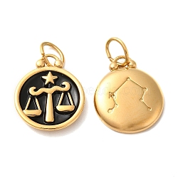 Ion Plating(IP) 304 Stainless Steel Enamel Pendants, with Jump Ring, Flat Round with Constellation, Golden, Libra, 20.5x17x2.5~3.5mm, Hole: 4x6mm(STAS-A080-43G-12)