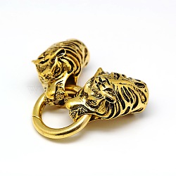 Tibetan Style Alloy Animal Tiger Head Spring Gate Rings, O Rings with Two Cord Ends for Bracelet Making, Antique Golden, 67x24.5mm, Hole: 10mm(PALLOY-A063-03AG)