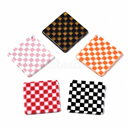 Cellulose Acetate(Resin) Pendants, Rhombus with Grid Pattern, Mixed Color, 34x34x2.5mm, Hole: 1.4mm(KY-Q057-003)