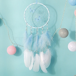 Butterfly Woven Web/Net with Feather Decorations, for Home Bedroom Hanging Decorations, Sky Blue, 500x160mm(PW-WG25226-02)