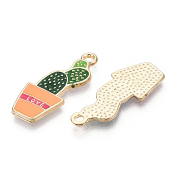 Alloy Enamel Pendants, Cactus with Word Love Charm, Golden, Sandy Brown, 27x11x1.3mm, Hole: 1.8mm